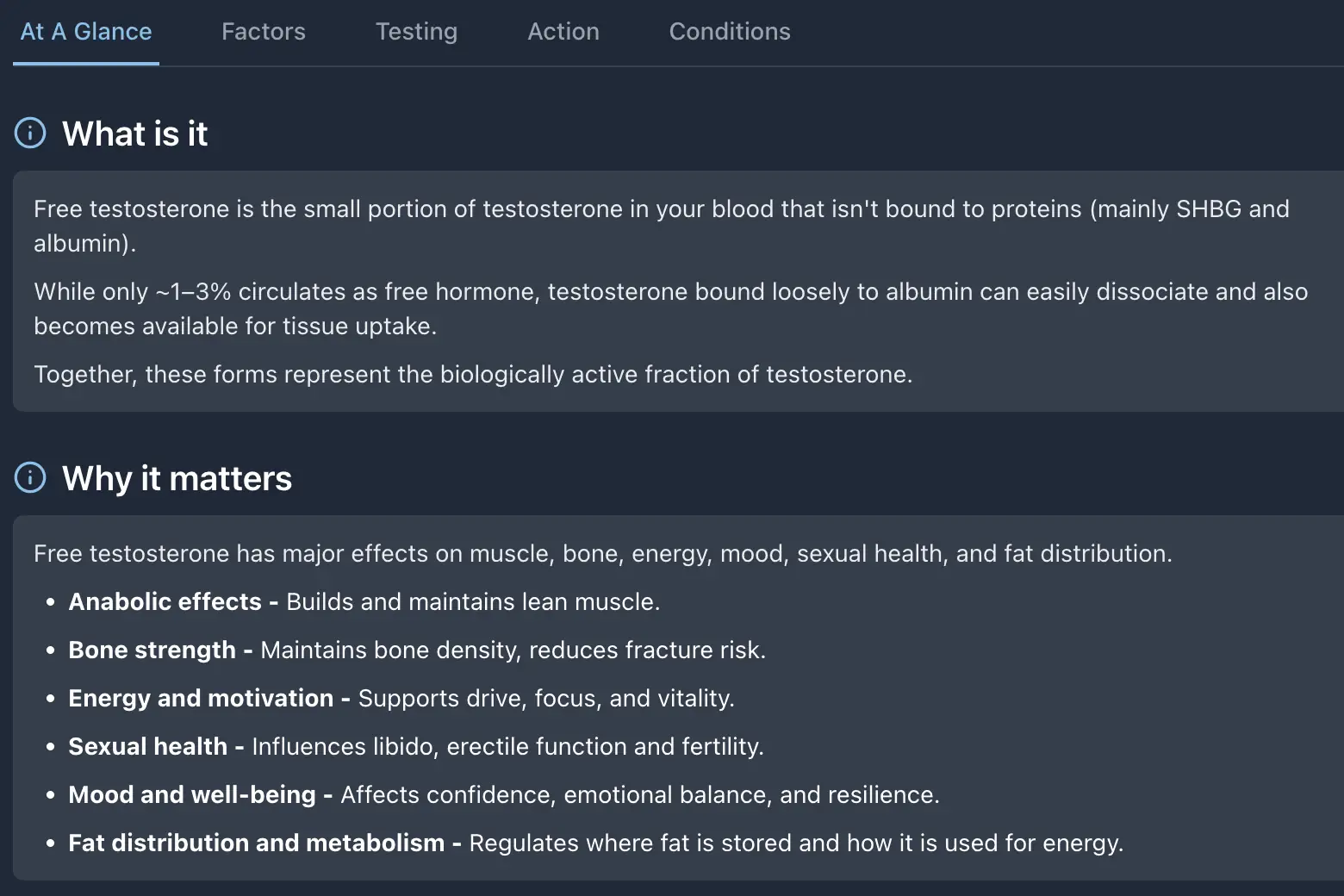 Screenshot showing detailed marker explanation with optimal ranges and health information